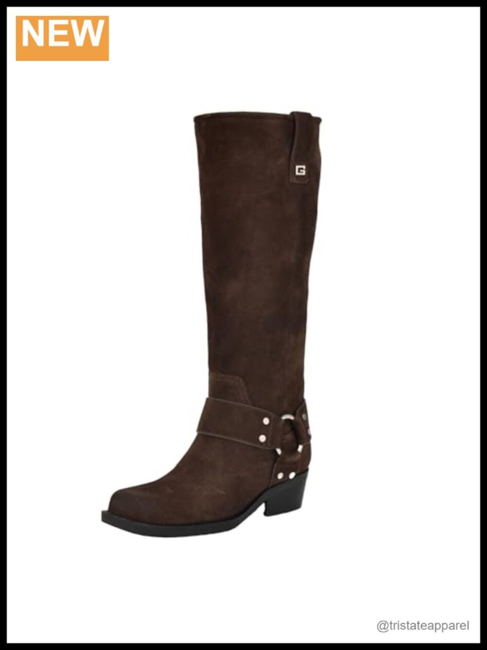 Moto Inspired Square Toe Suede Knee High Boot Pull On Block Heel
